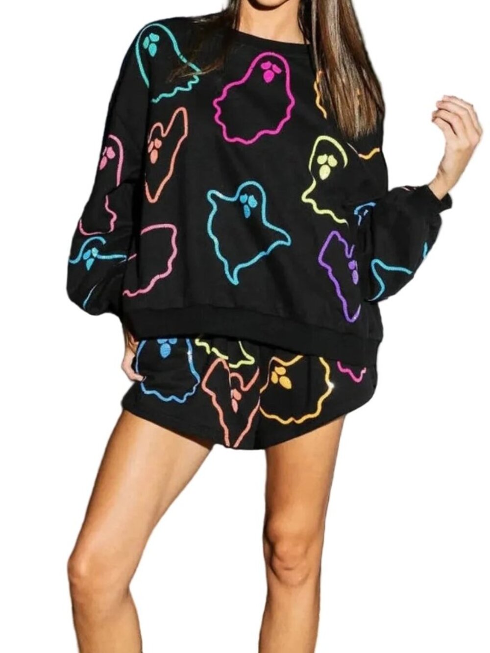 Colorful Ghost Round Neck Long Sleeve Top Shorts Halloween Sweatshirt Lounge Set